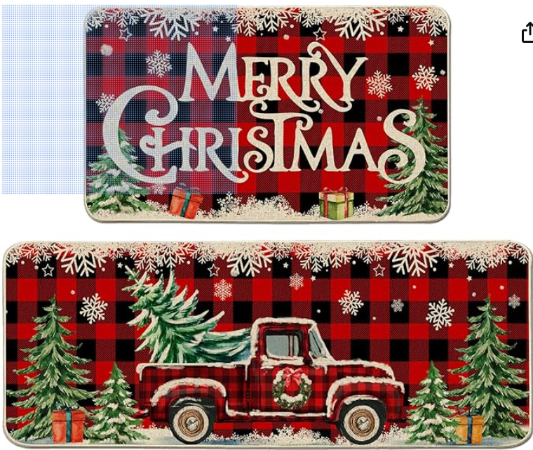 2pc Christmas Kitchen Mat Set - Farmhouse Red Truck Buffalo Plaid Decor for Kitchen & Laundry Room