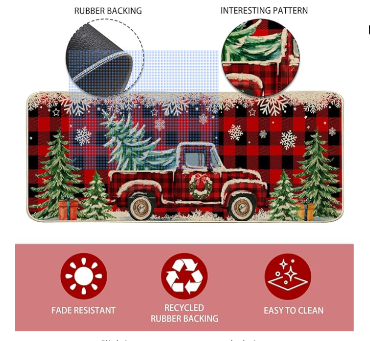 2pc Christmas Kitchen Mat Set - Farmhouse Red Truck Buffalo Plaid Decor for Kitchen & Laundry Room