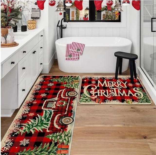 2pc Christmas Kitchen Mat Set - Farmhouse Red Truck Buffalo Plaid Decor for Kitchen & Laundry Room