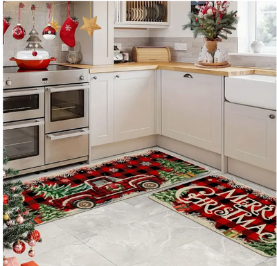 2pc Christmas Kitchen Mat Set - Farmhouse Red Truck Buffalo Plaid Decor for Kitchen & Laundry Room