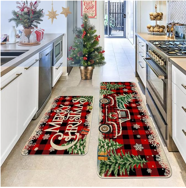 2pc Christmas Kitchen Mat Set - Farmhouse Red Truck Buffalo Plaid Decor for Kitchen & Laundry Room