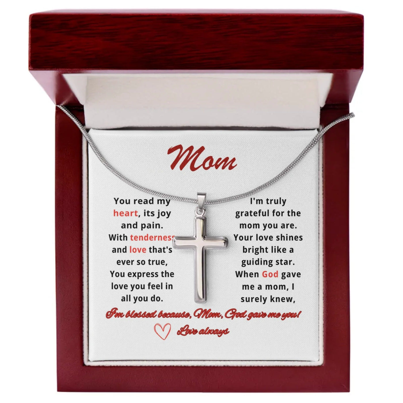 Stainless Cross Necklace – Unique Mother’s Day or Birthday Gift for Mom, with Personalized Message Card!